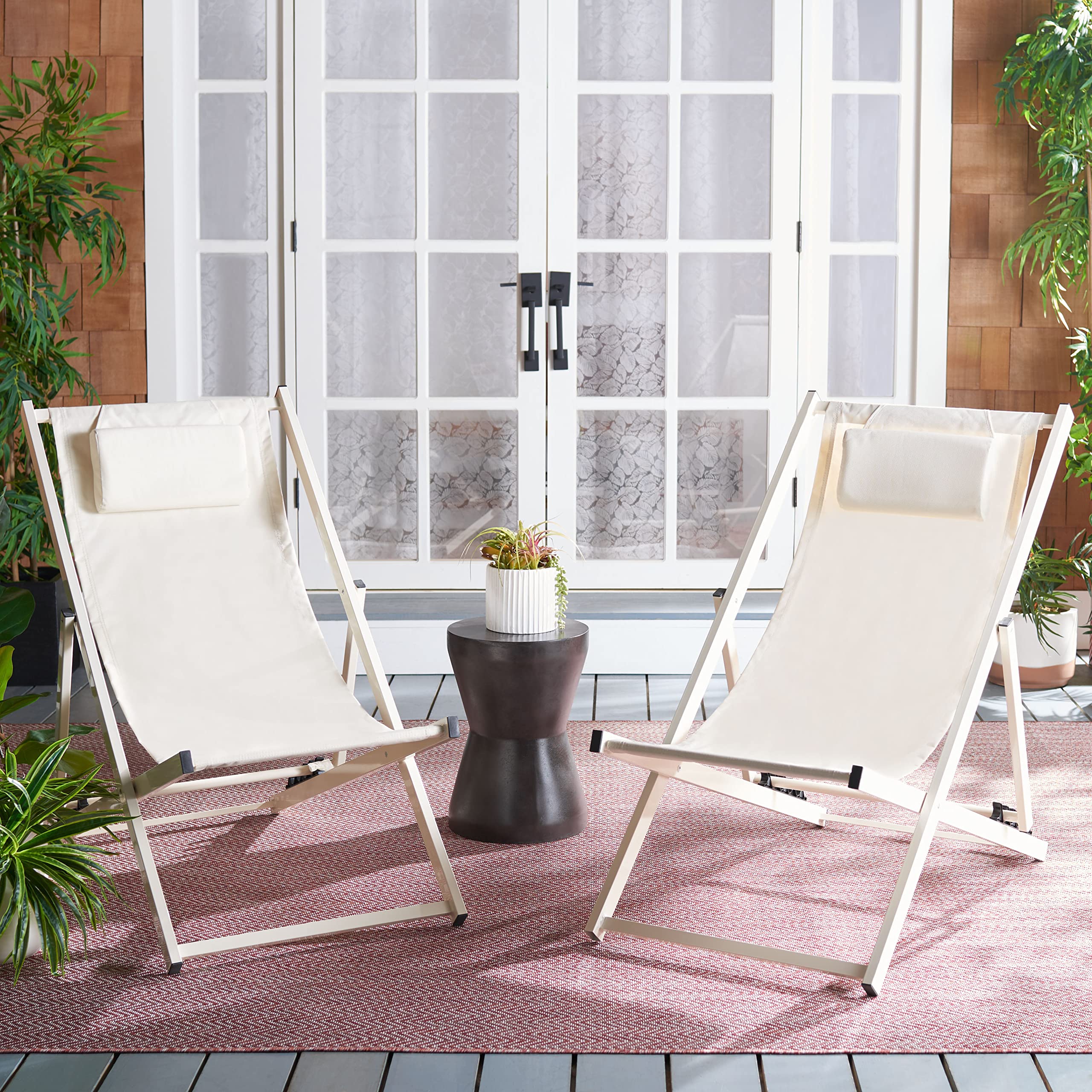 Safavieh PAT9039A-SET2 Outdoor Folding Sling Chairs Set of 2 - Adjustable, Beige, Fully Assembled - Perfect for Patio, Poolside, Garden & Backyard Relaxation