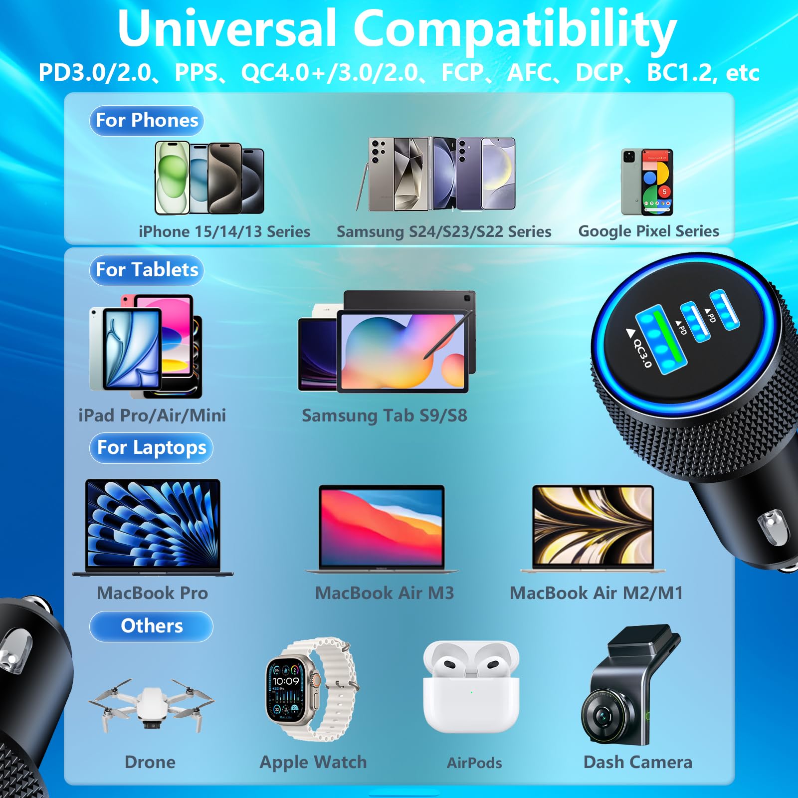 MFi Certified 67W 3-Port USB-C Car Charger for iPhone 15/Pro - Fast PD/QC Charging with Braided Cable - Compatible with Galaxy S24/S23/Pixel - Perfect for Road Trips & Daily Commutes