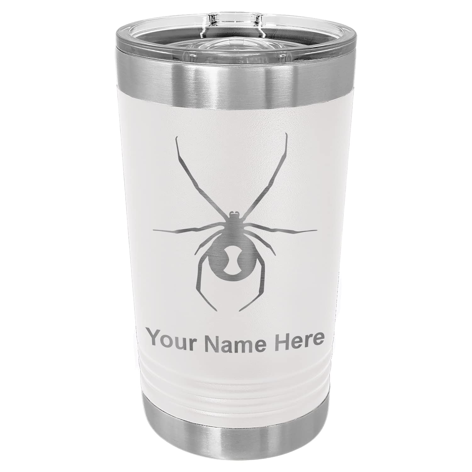 LaserGram 16oz Vacuum Insulated Stainless Steel Tumbler with Spider Design - Personalized Engraved Black Widow Pint Glass - Keeps Drinks Hot/Cold 24 Hours - Perfect for Coffee, Beer & Outdoor Activities (White)