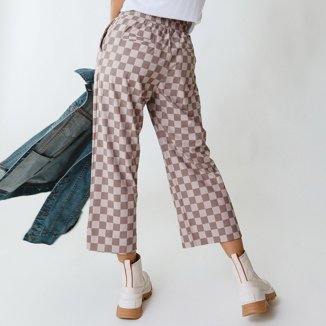 Audrey Wide Leg Pants for Women - Brown Checkered High Waist Trousers | Comfortable Office & Casual Wear | Perfect for Work, Travel & Everyday Outfits