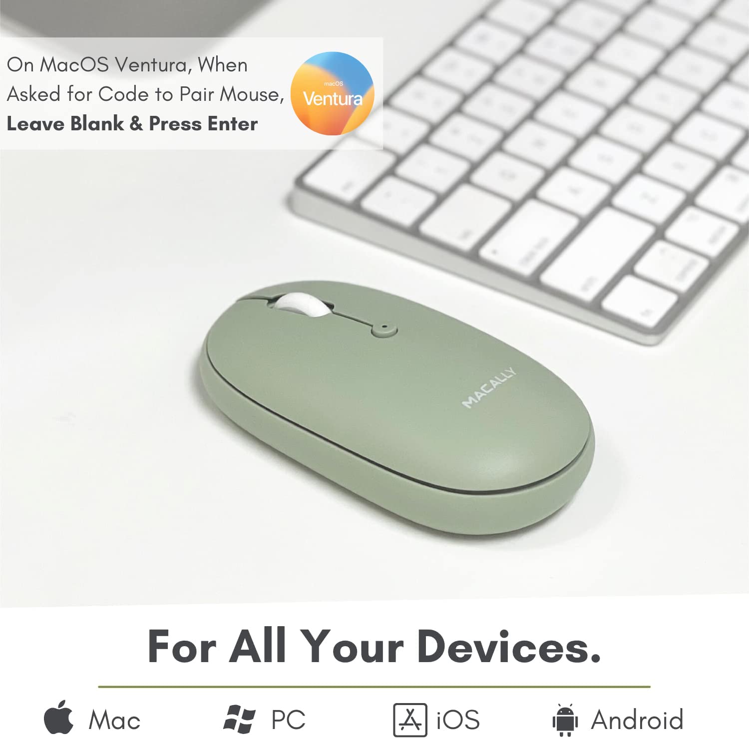 Macally Wireless Bluetooth Mouse - Rechargeable, Quiet & Ergonomic Mouse for MacBook Air/Pro, iMac, iPad, Windows PC - Strong Connection for Laptop & Desktop Use - Perfect for Office, Travel & Home Computing