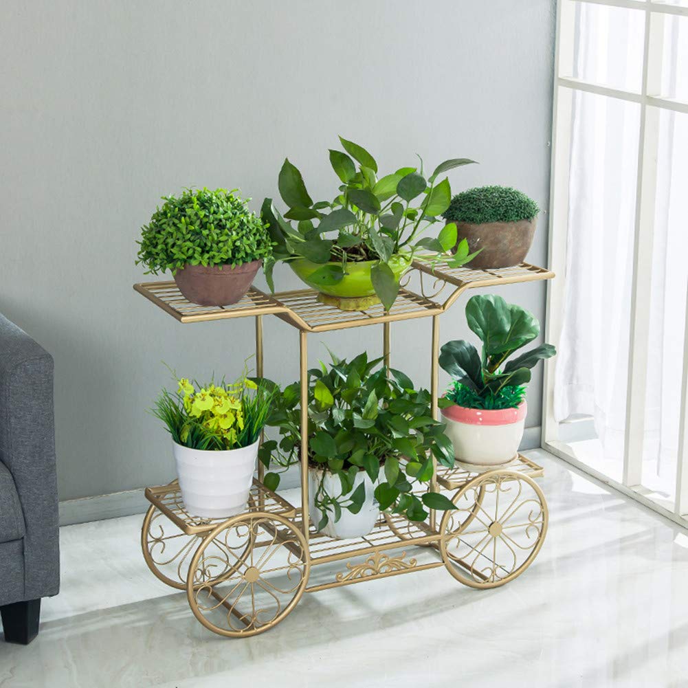 6-Tier Iron Cart Shape Plant Stand with Decorative Wheels - Modern Flower Pot Display Rack for Indoor/Outdoor Use - Perfect for Home, Garden, Patio, Balcony Decor - Gold Finish for Elegant Plant Organization