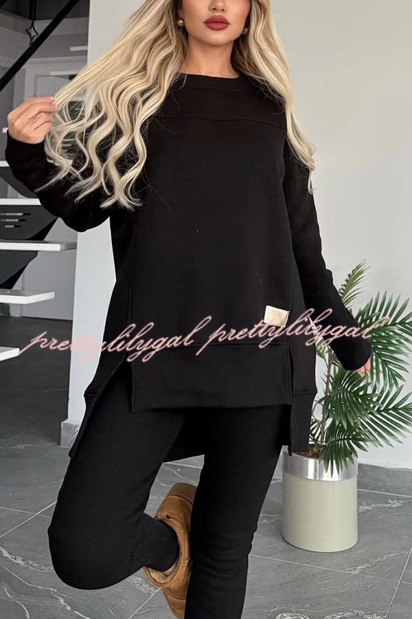 Solid Color Crew Neck Long Sleeve Top & Stretchy Casual Pants Set - Women's Comfortable Lounge Wear for Home, Yoga & Everyday Outfits