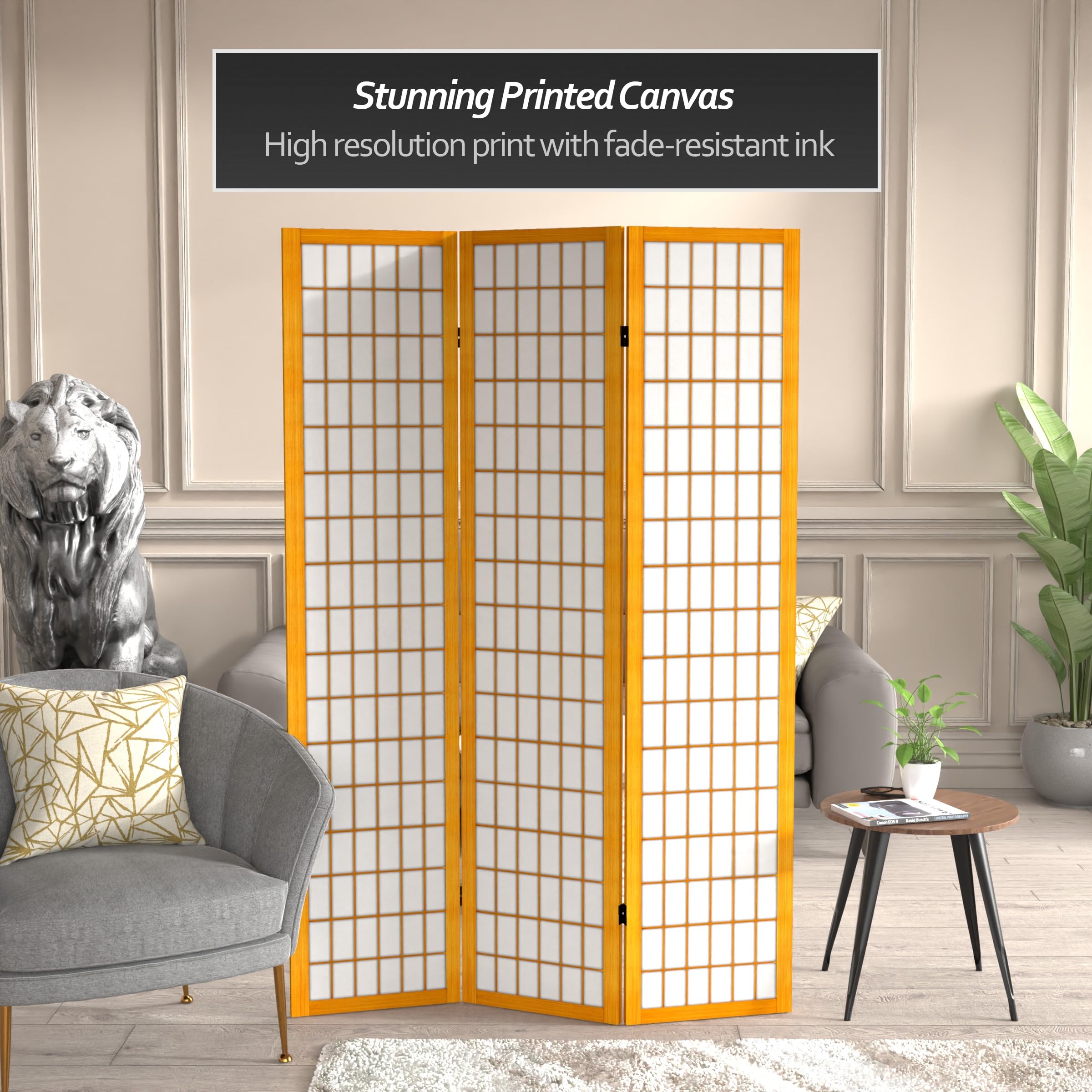 6 ft. Tall Red Lantern Canvas Window Pane Honey Room Divider - 3 Panel Folding Privacy Screen for Living Room, Bedroom & Office Partition