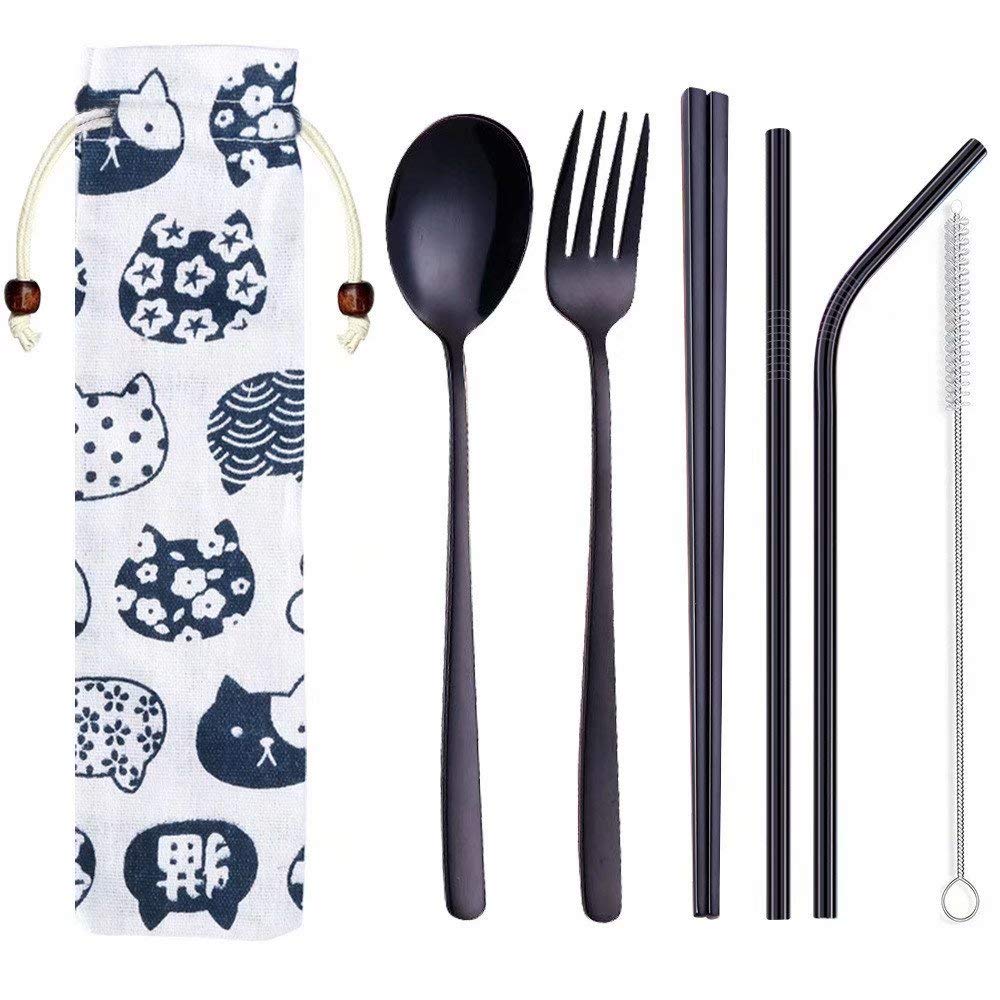 5-Piece Portable Stainless Steel Travel Cutlery Set - Reusable 304 Stainless Steel Fork, Spoon, Chopsticks & Straws with Case - Perfect for Camping, Picnics, Office Lunch & On-the-Go Meals