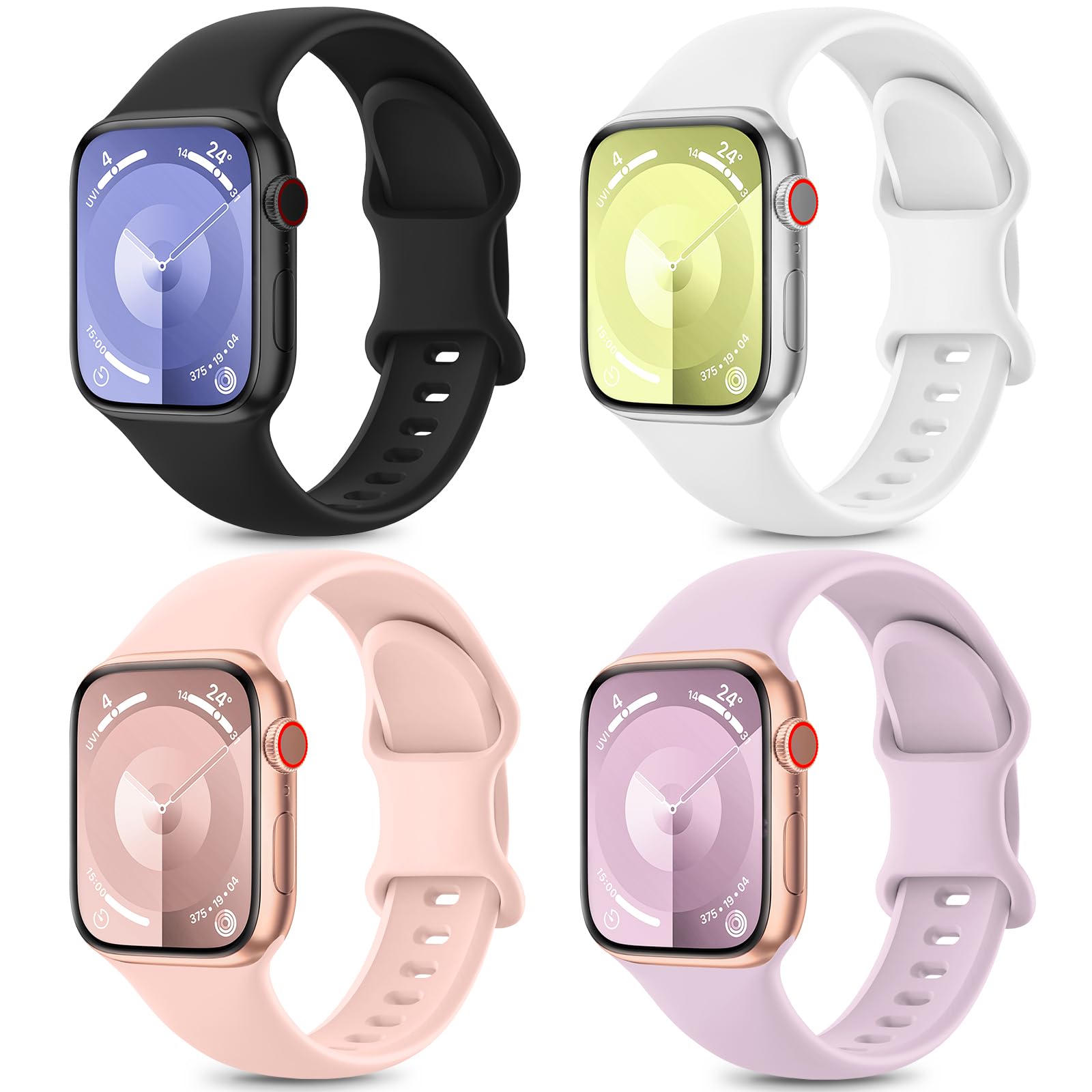 4 Pack Sport Bands for Apple Watch Series 9/8/7/6/5/4/3/2/1/SE - Soft Silicone Waterproof Replacement Straps for Women & Men - Compatible with 38mm/40mm/41mm/42mm/44mm/45mm/49mm iWatch Models - Perfect for Gym, Running, Swimming & Daily Wear