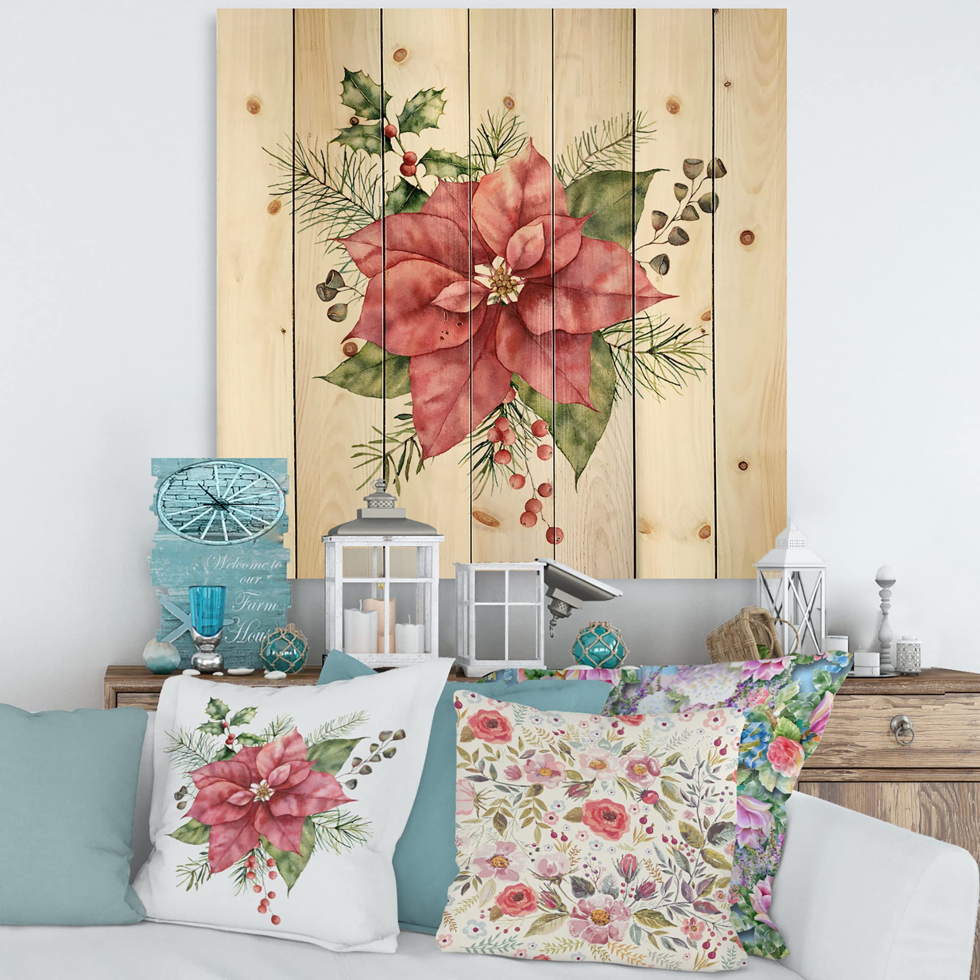 Holly Mistletoe Christmas Wood Wall Decor - Red Floral Pine Art for Holiday Home Decor