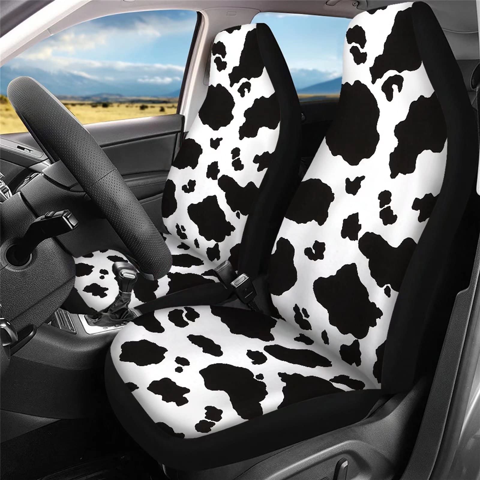 Dreaweet Universal Fit Cow Print Car Seat Covers - Stylish Black & White Auto Seat Protectors for Front & Rear Bucket Seats | Fashionable Bench Seat Cushions for Interior Decoration | Perfect for Daily Commute, Road Trips & Car Customization