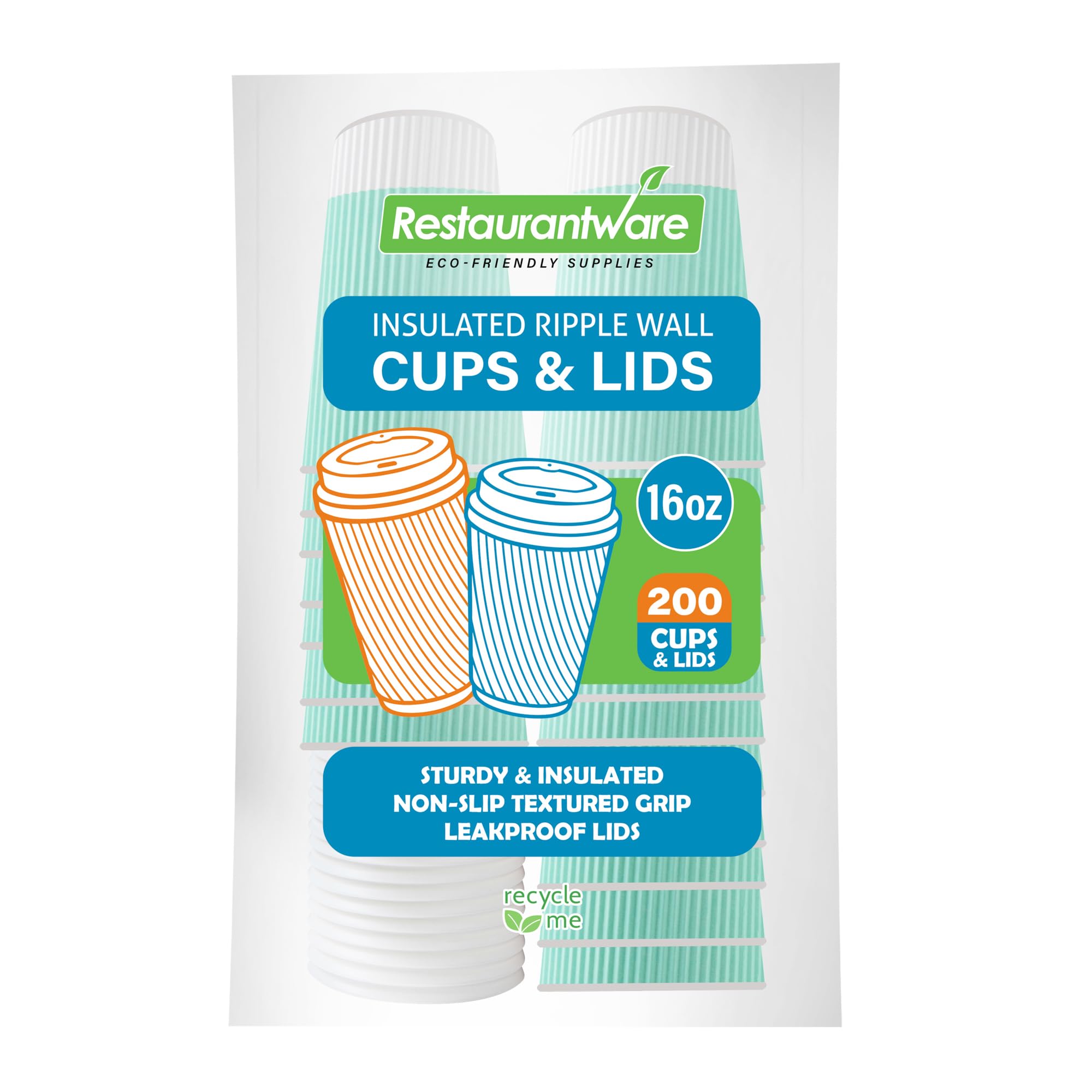 Restaurantware 16oz Insulated Coffee Cups with Lids - 200 Pack Leakproof Ripple Wall Hot Cups | Eco-Friendly Disposable Paper Cups for Coffee, Tea, Hot Chocolate & Lattes | Perfect for Cafes, Offices & Catering Events