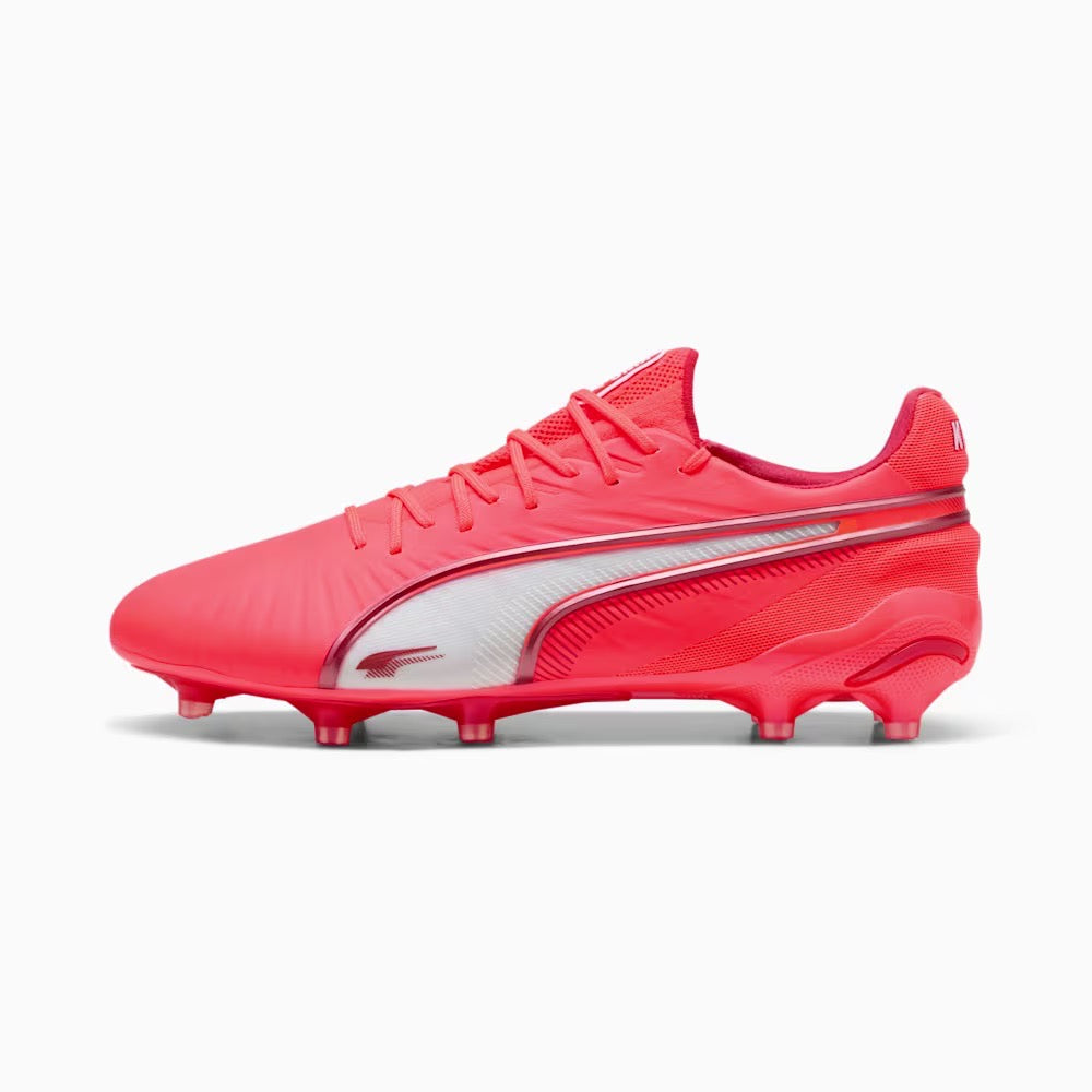 Puma King Ultimate FG/AG Football Boots for Men - Glowing Red & White Soccer Cleats - Lightweight Performance Shoes for Turf & Artificial Grass - Perfect for Training & Matches