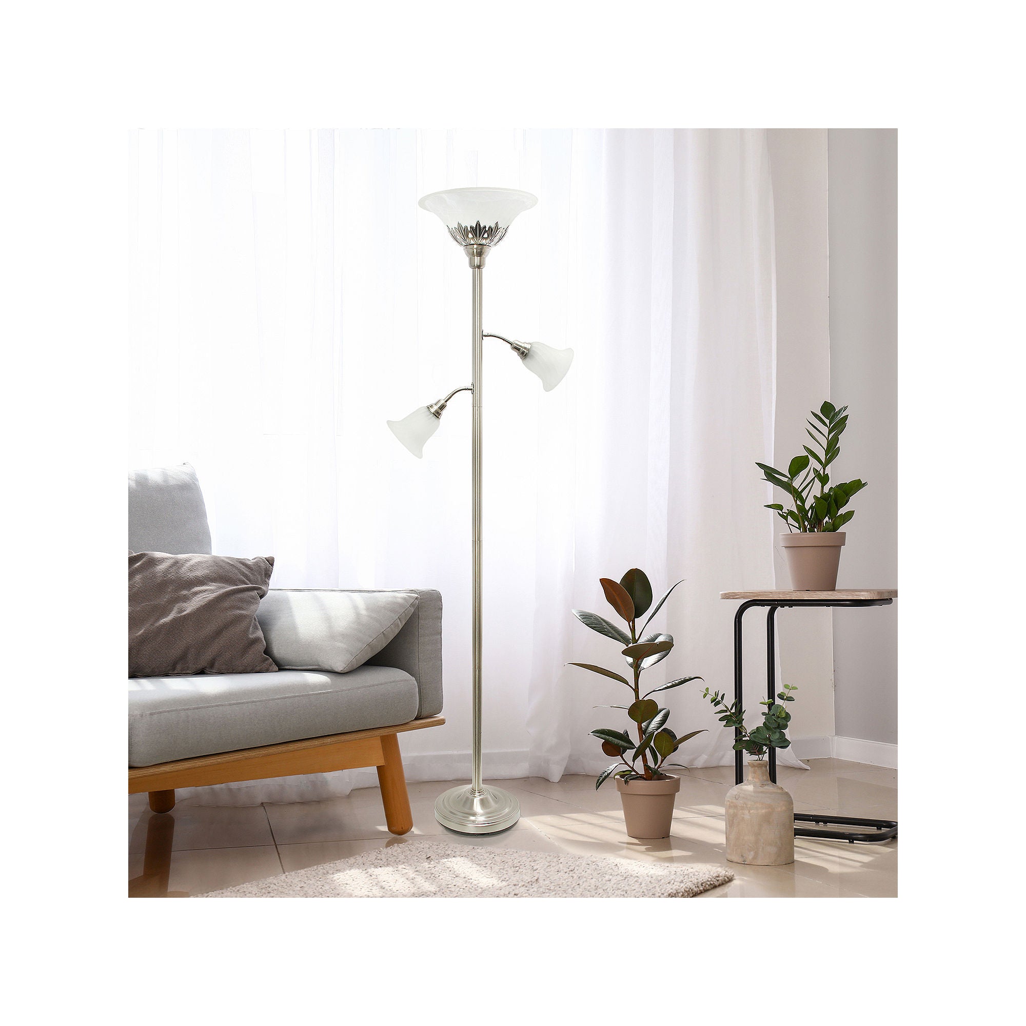 Lalia Home Scalloped Glass Shade Floor Lamp with 2 Adjustable Reading Lights - Brushed Nickel Finish for Living Room, Bedroom, or Office Lighting Decor