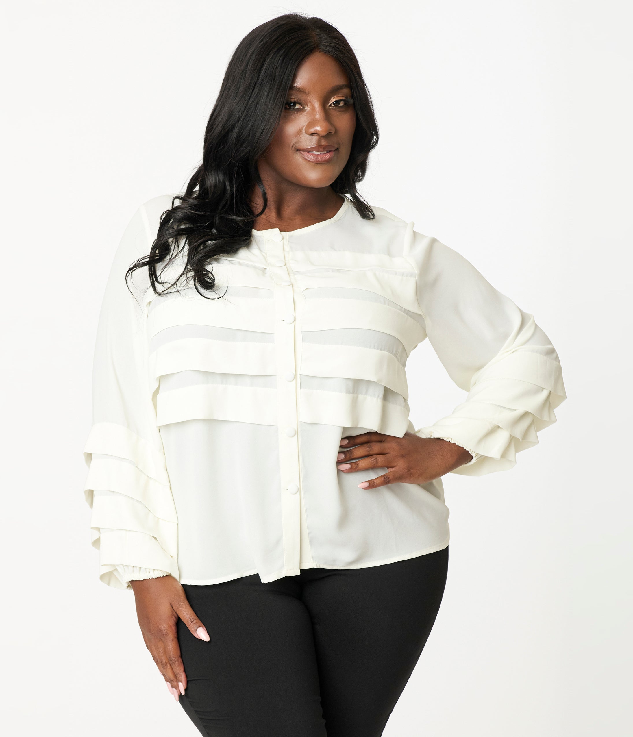 Smak Parlour Plus Size 1960s Vintage Cream Pleated Front Blouse - Retro Office Wear & Special Occasion Outfit