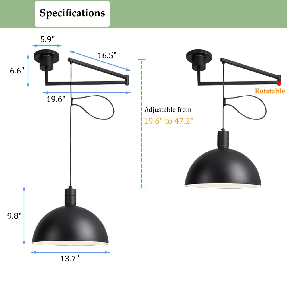 Aeyee Industrial Pendant Light Fixture - Adjustable Swing Arm Hanging Light with Dome Shade for Dining Room, Living Room, Kitchen & Bar - Black Modern Ceiling Lamp for Home Decor & Commercial Spaces