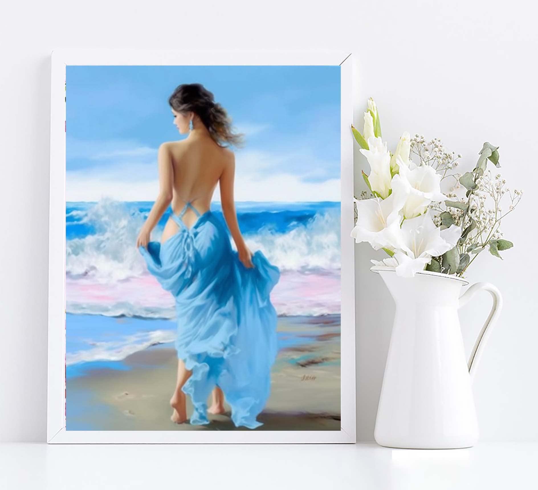 DIY Oil Painting by Numbers Kit for Adults & Kids - Seaside Blue Dress Woman Acrylic Paint by Numbers for Beginners - 16x20 Inch Home Wall Decor Art - Perfect for Relaxation, Stress Relief & Creative Gift