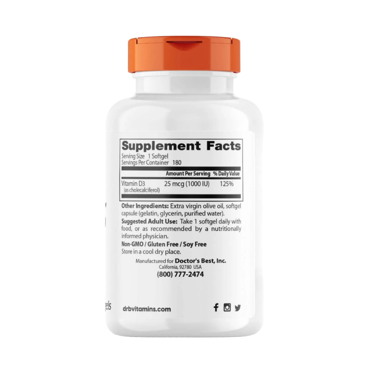 Doctor's Best Vitamin D3 25 mcg (1000 IU) 180 Softgels - Supports Bone Health & Immune System - Ideal for Daily Supplement & Winter Wellness