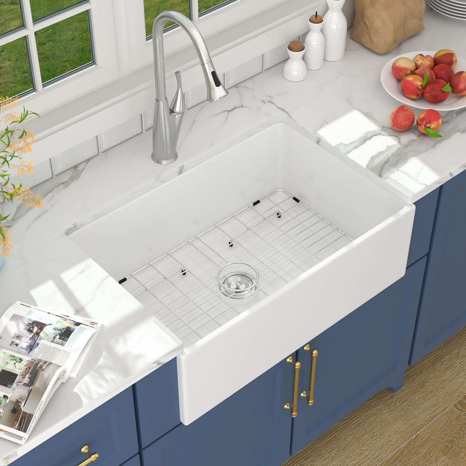 Lordear 30-inch White Farmhouse Kitchen Sink - Fireclay Ceramic Apron-Front Single Bowl Reversible Design for Modern Farmhouse & Rustic Kitchens | Perfect for Cooking, Baking & Entertaining