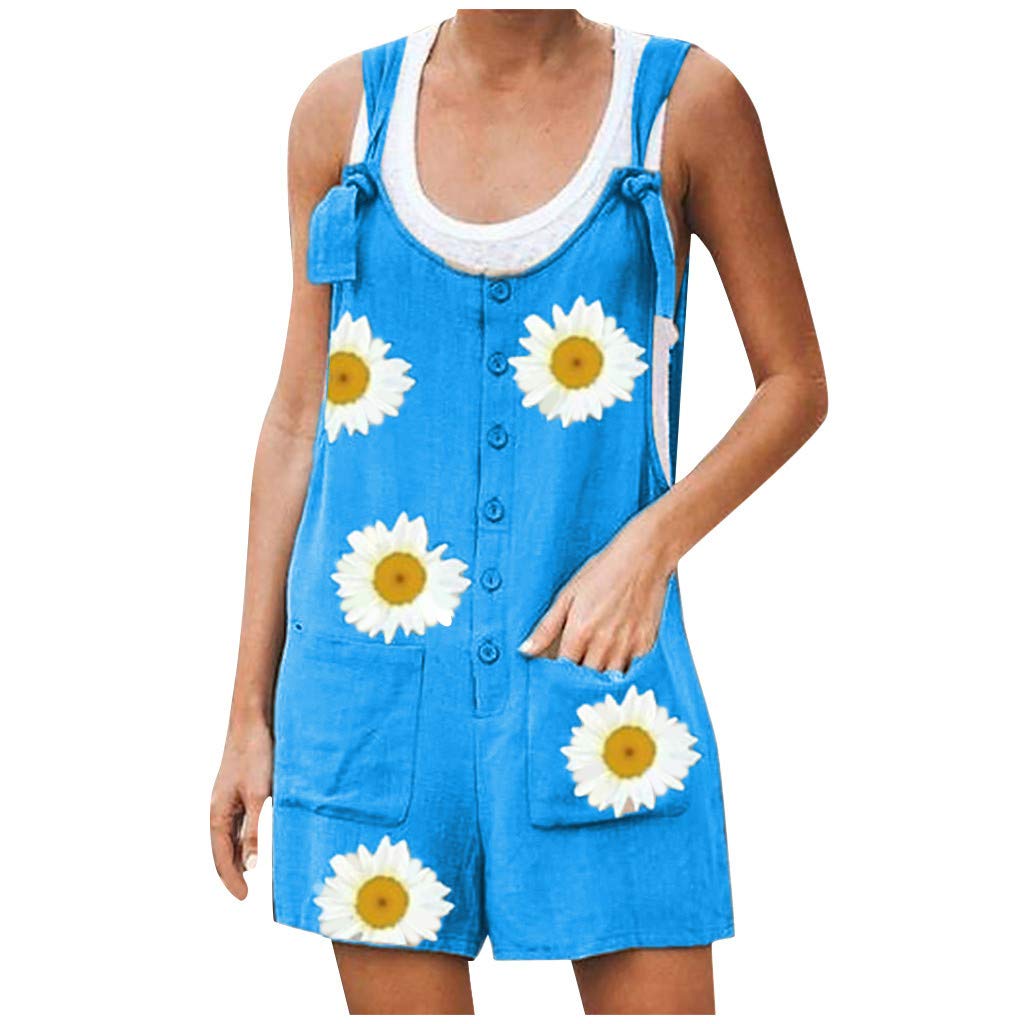 Women's Daisy Print Casual Overalls - Summer Loose Shorts with Bandage Pockets & Suspenders | Bib Shorts Jumpsuit for Beach, Picnic & Outdoor Activities