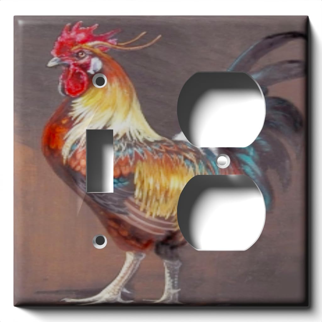 Vibrant Rooster Design Light Switch and Outlet Cover - Single Toggle & Duplex Receptacle Wall Plate Combo for Kitchen, Bathroom, or Farmhouse Decor