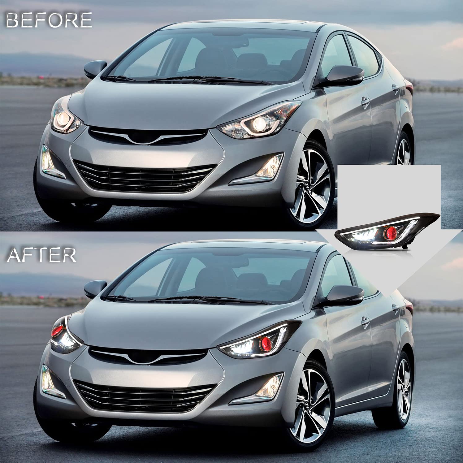VLAND LED Headlights Assembly for Hyundai Elantra 2012-2015 & Elantra Coupe 2013-2014 - DRL, Turn Signal, Plug and Play Headlamps with Demon Eyes - Perfect for Night Driving and Car Customization