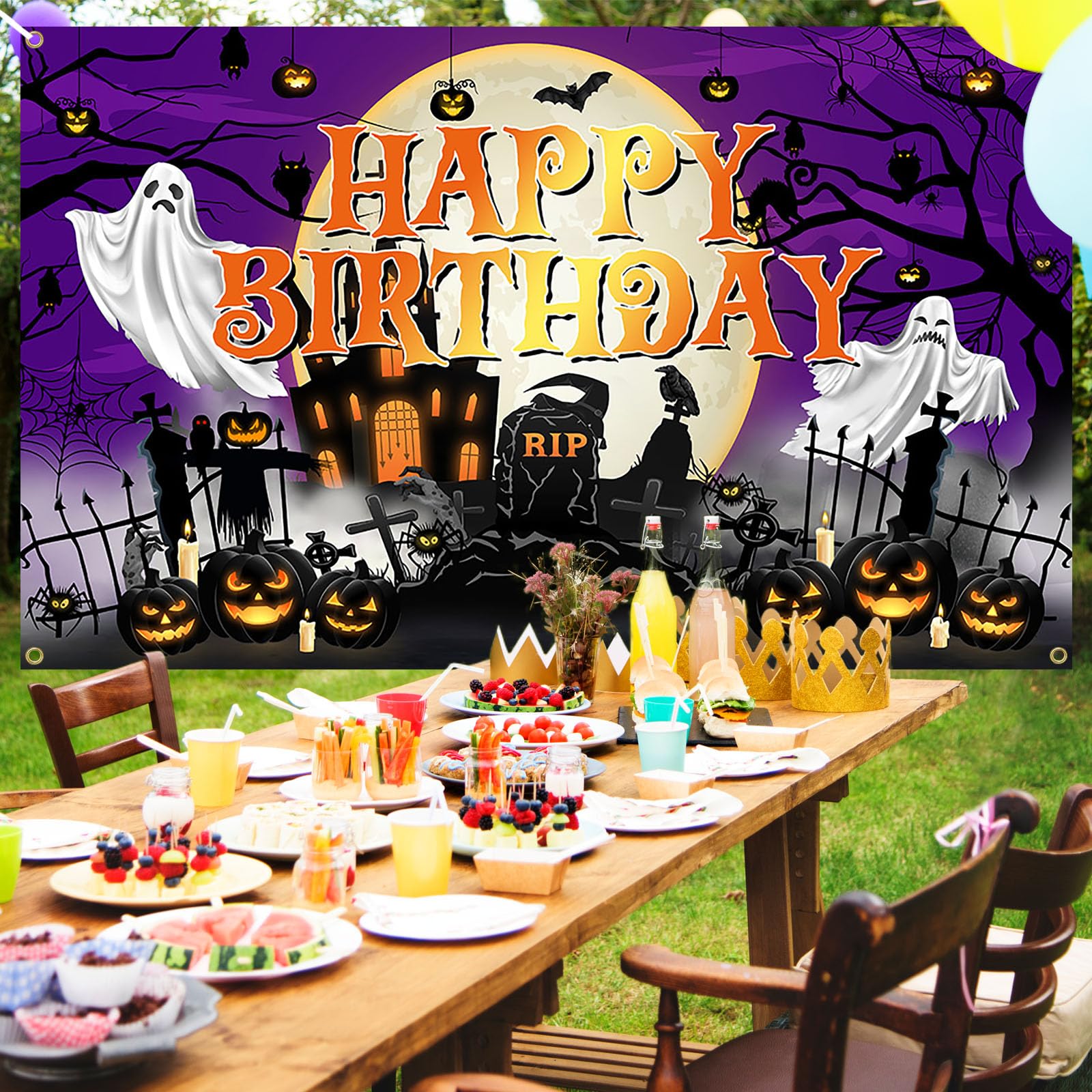 Avezano Halloween Birthday Banner - Purple Horror Moon Night Decor for Kids Parties