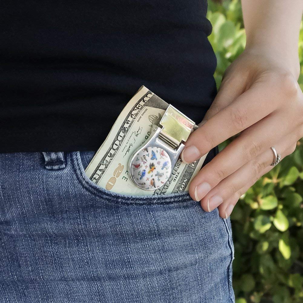 Stylish Satin Chrome Plated Metal Money Clip with Northeastern Birds Pattern - Perfect for Cash, Credit Cards & Gifts (Weddings, Graduations, Father's Day)