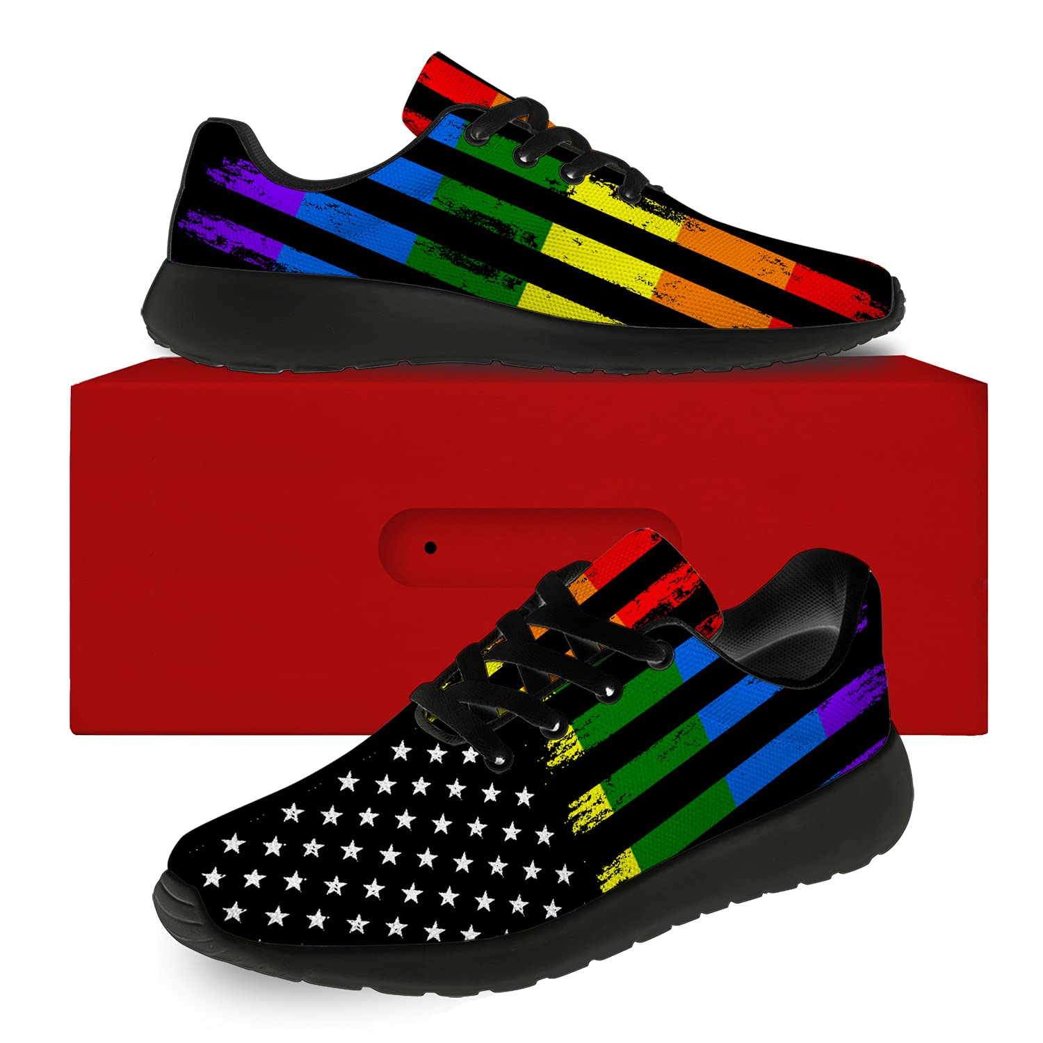 **Rainbow Pride Running Shoes for Men & Women - LGBTQ+ Sneakers with American Flag Design - Comfortable Walking & Tennis Shoes - Size 12 Men/15 Women - Black - Perfect for Pride Parades, Workouts & Casual Wear**