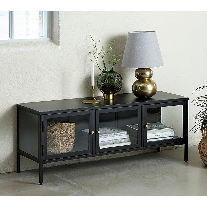 CARMEL 3 Glass Door TV Stand Entertainment Center 52 Inches Black for Living Room Home Theater Setup