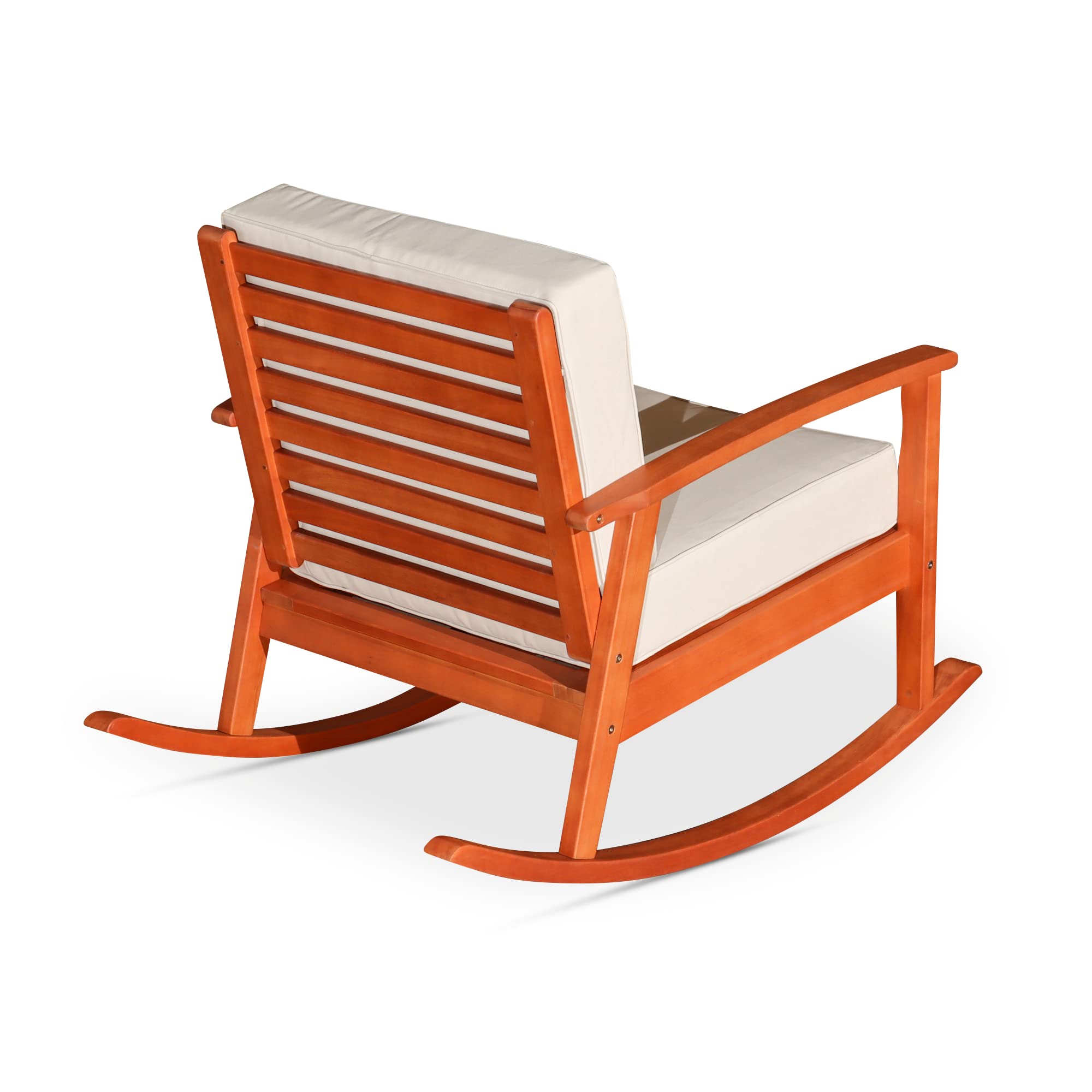 DTY Outdoor Living Longs Peak Deep Seat Eucalyptus Rocker - Natural Oil Finish, Navy Cushions | Patio Rocking Chair for Porch, Garden & Backyard Relaxation