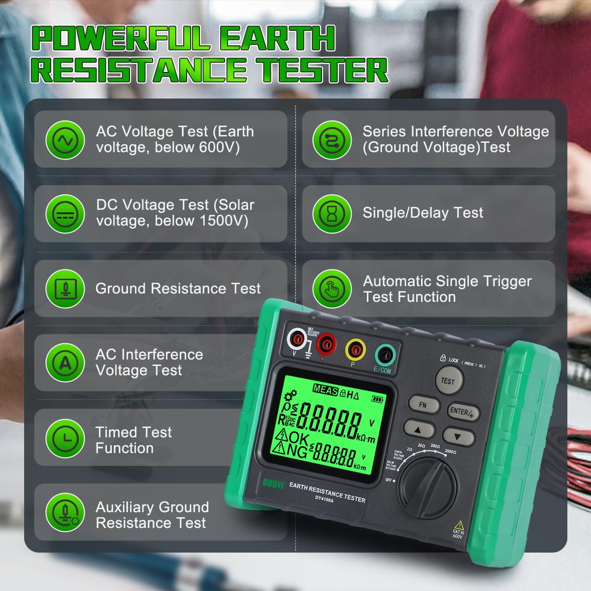 Upgraded Digital Earth Ground Resistance Tester 0.03-2000Ω with LCD Display | 600V AC Voltage & Auto Measurement | Includes Tool Bag & Batteries | Perfect for Electricians, Engineers & DIY Home Electrical Projects