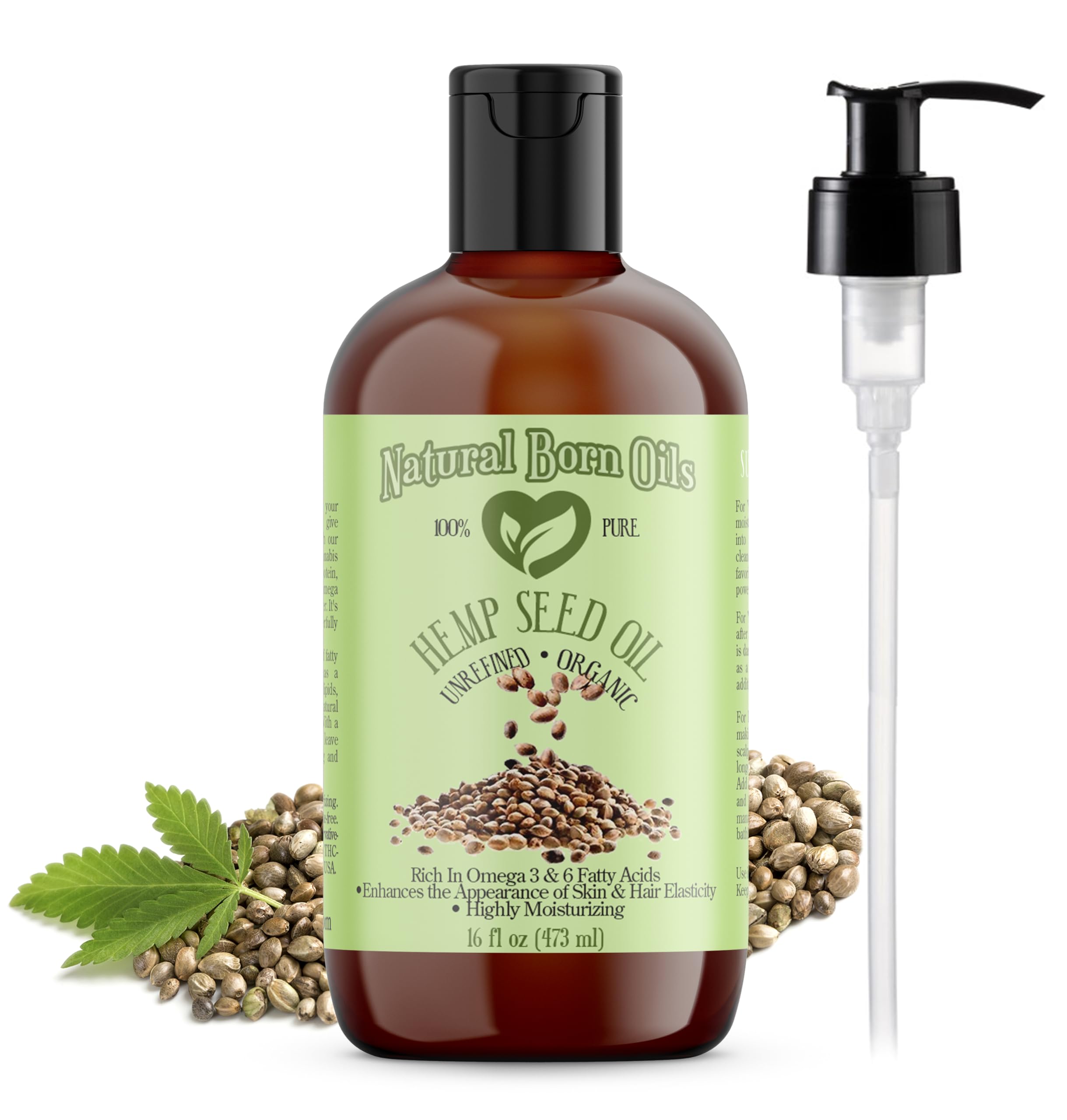Organic Cold-Pressed Hemp Seed Oil 16oz - Nutrient-Rich Deep Moisturizer for Skin & Hair - Natural Born Oils - Perfect for Daily Skincare Routine & Hair Treatment