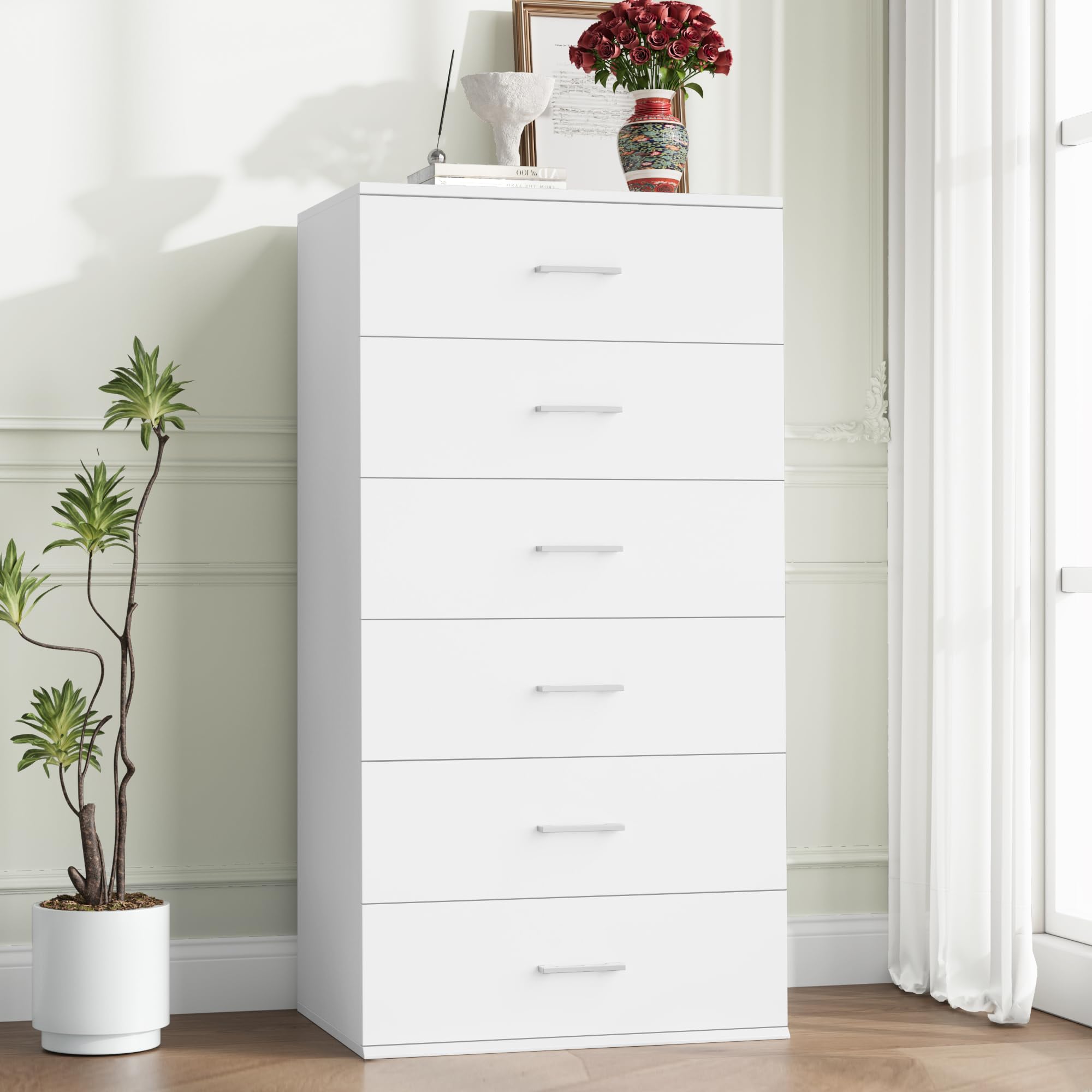 FOTOSOK 6-Drawer White Dresser - Modern Tall Chest of Drawers with Metal Handles, 23.6