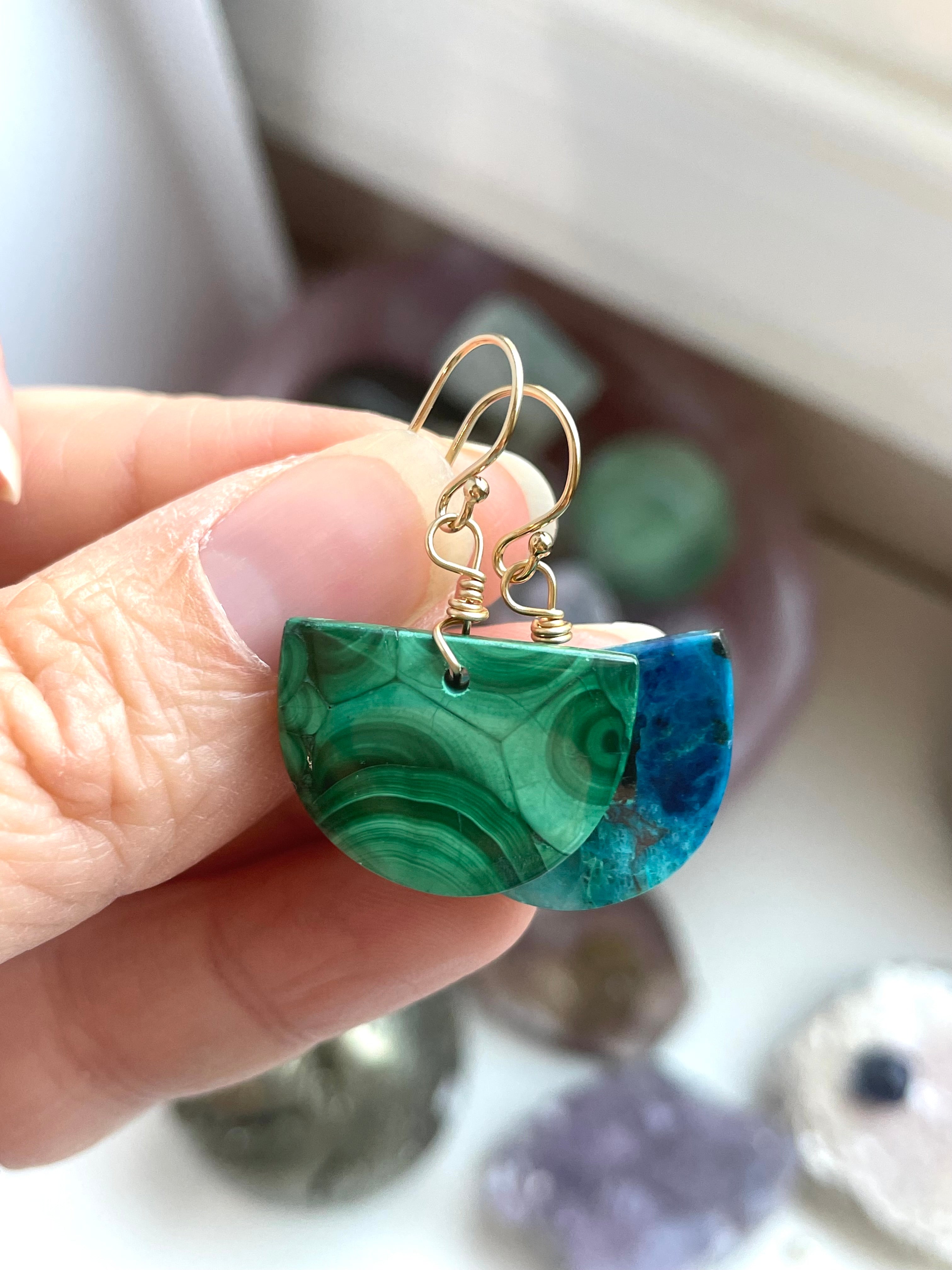 Unique Mismatched Earrings - Malachite & Chrysocolla Gemstone Dangle Earrings for Women | Boho Chic Jewelry for Parties, Weddings & Everyday Wear