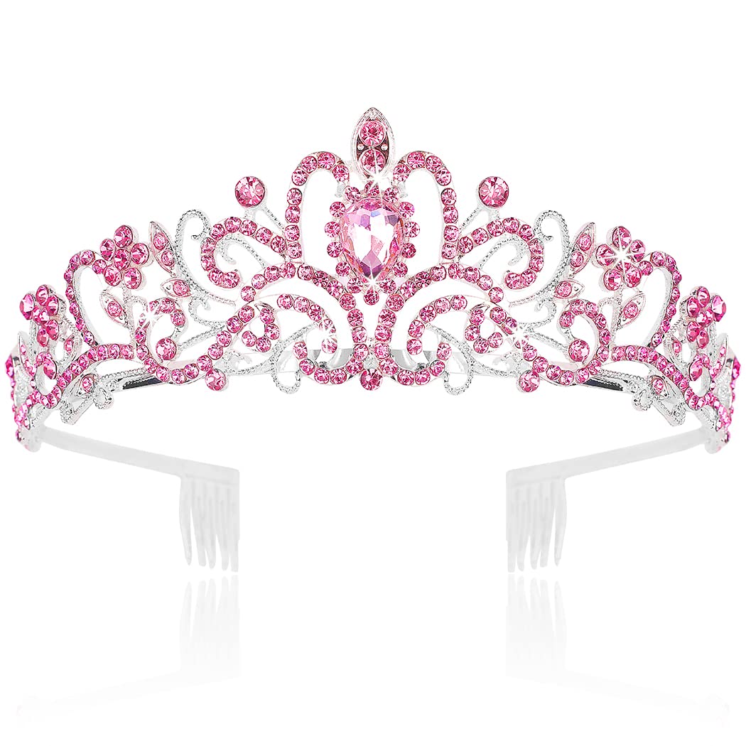 Pink Crystal Tiara Crown for Women & Girls - Elegant Princess Birthday Crown, Wedding Headband, Kids Hair Accessories for Prom, Christmas Costume & Special Occasions | Perfect for Parties, Pageants & Photo Shoots