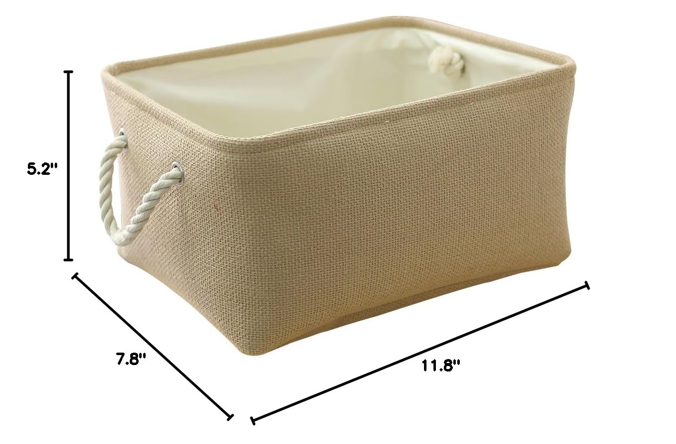 Decorative Fabric Storage Basket with Handles - Small Rectangular Organizer Bin for Clothes, Toys & Home Organization (Beige, 11.8×7.9×5.2 inches) - Perfect for Bedroom, Nursery & Closet Storage