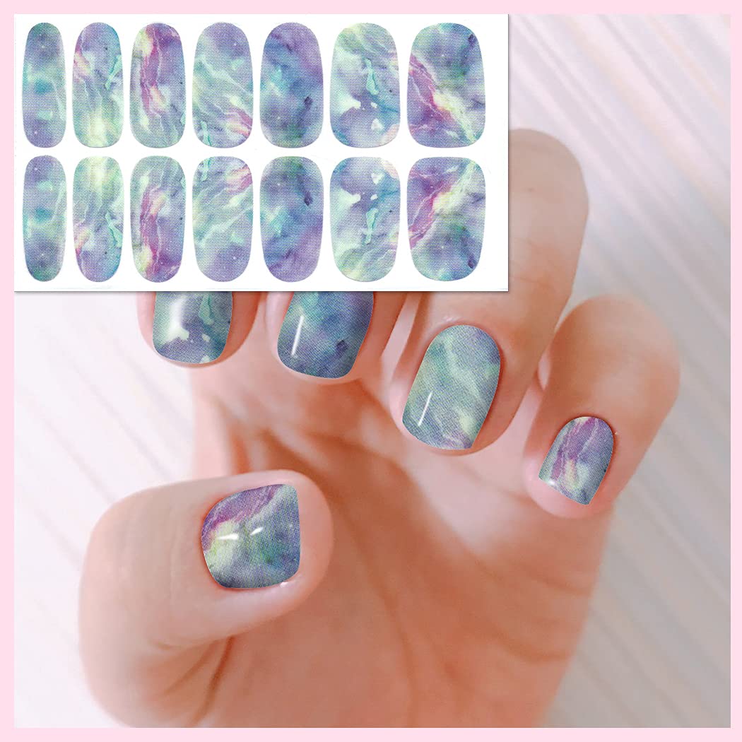 WOKOTO 12 Sheets Gradient Color Marbled Nail Strips - Self-Adhesive Nail Polish Stickers with Nail File | Colorful Blooming Nail Wraps for Women | Perfect for Parties, Weddings & Daily Nail Art