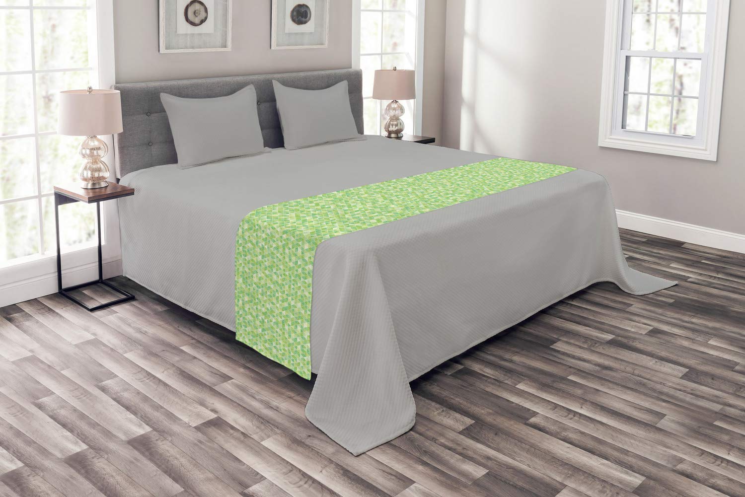 Ambesonne Lime Green Bed Runner - Modern Geometric Triangle & Pyramid Design Soft Decorative Bed Scarf | Hotel & Home Bedding Accent for Master Bedroom, Guest Room & Airbnb | Pale Green & Fern Green Color Scheme | Perfect for Contemporary Bedroom Decor & Luxury Hotel Styling
