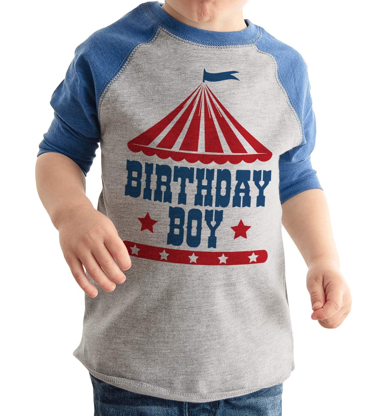 7 Ate 9 Apparel Boys' Birthday Circus Blue Raglan T-Shirt - Fun Kids Party Outfit for Birthday Celebrations & Casual Wear