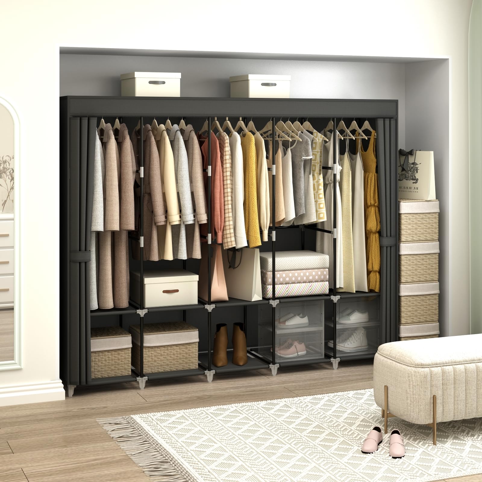 83 Inch Wide Portable Closet Wardrobe Organizer with Cover - 5 Hanging Rods & 10 Shelves for Clothes Storage | Perfect for Bedroom, Dorm, Apartment, RV or Temporary Closet Solution (Black)