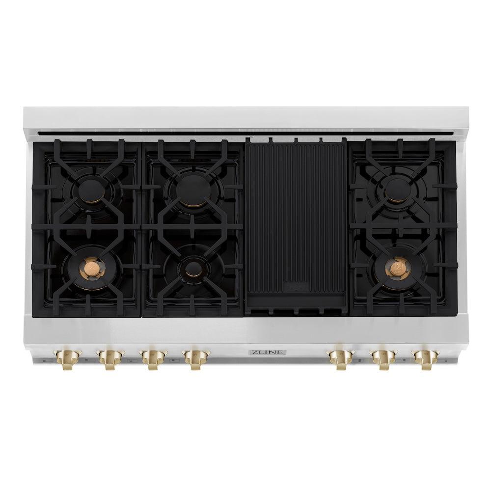 ZLINE RTZ 48 G 48-Inch Professional Gas Rangetop with 7 Burners - Stainless Steel with Polished Gold Accents - Commercial Style Porcelain Cooktop for Home Chefs & Gourmet Cooking - Perfect for Large Kitchens & Entertaining