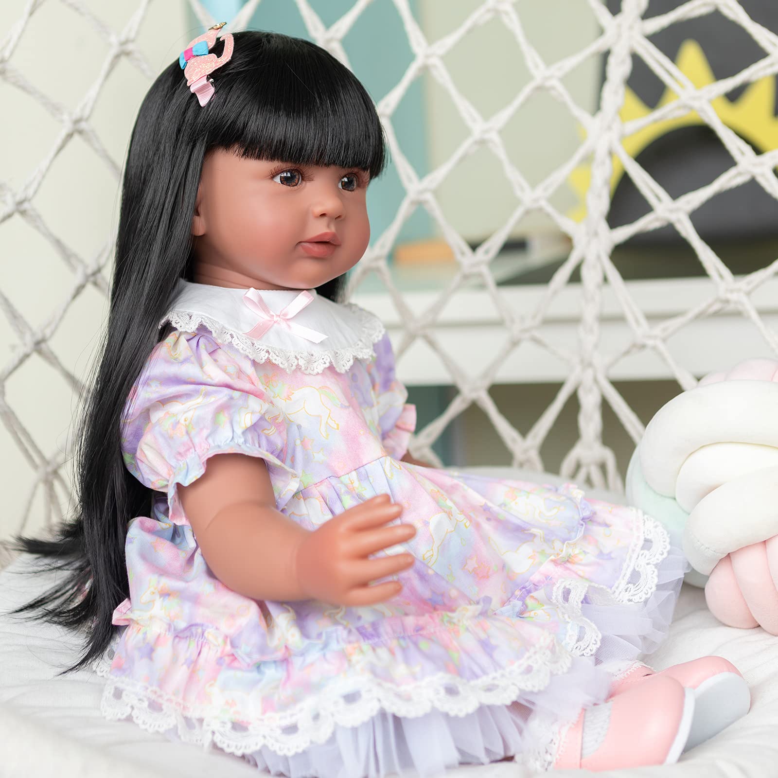 24 Inch Reborn Toddler Girl Doll - Cute Princess Doll with Dark Tan Skin & Beautiful Dress - Collectible Toy for Christmas & Birthday Gifts - Perfect for Pretend Play, Nursery Decor & Doll Collectors