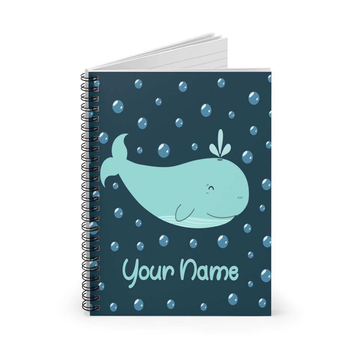 Custom Whale Spiral Notebook - Personalized Blue Bubbles Whale Design Journal for Kids, Teens, Girls & Women | School Supplies, Birthday Gifts, Creative Writing & Note Taking