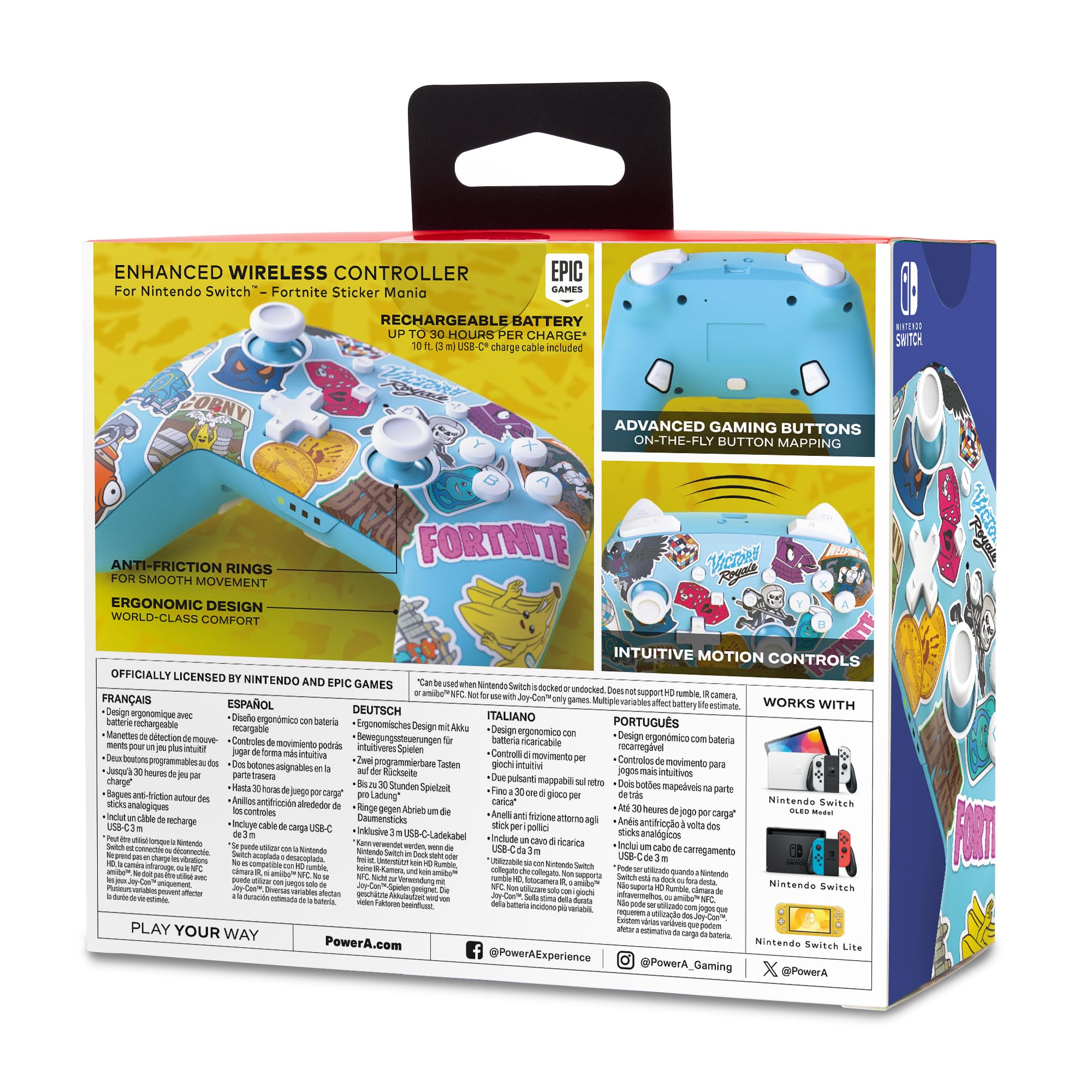 PowerA Enhanced Wireless Controller for Nintendo Switch - Officially Licensed Bluetooth Gamepad with Fortnite Sticker Mania Design (Compatible with Switch OLED & Lite) | Bonus Virtual Item Included | Perfect for Gaming, Multiplayer & Fortnite Battles