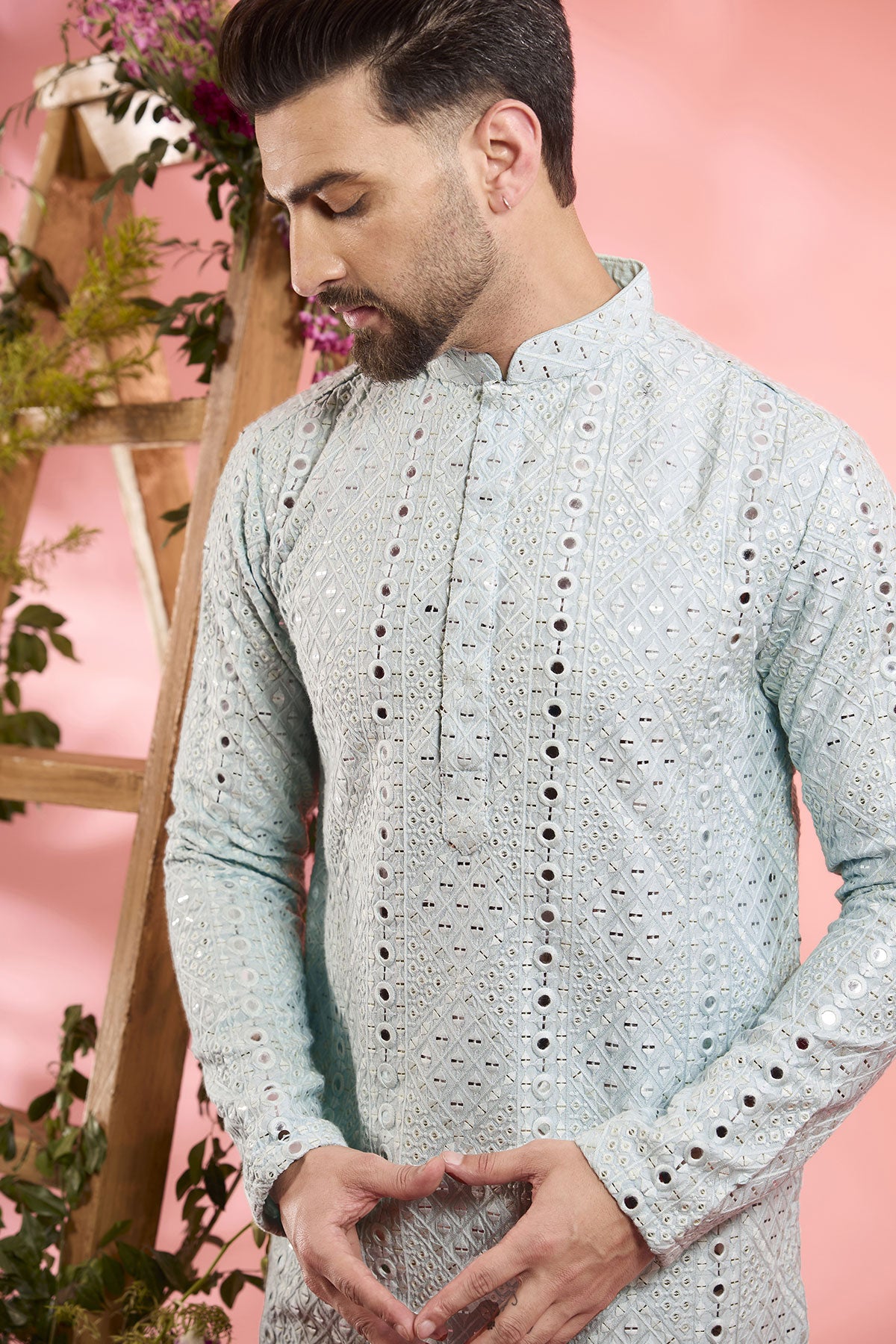 Elegant Powder Blue Silk Kurta with Mirror Work Embroidery - Perfect for Festivals, Weddings, and Special Occasions