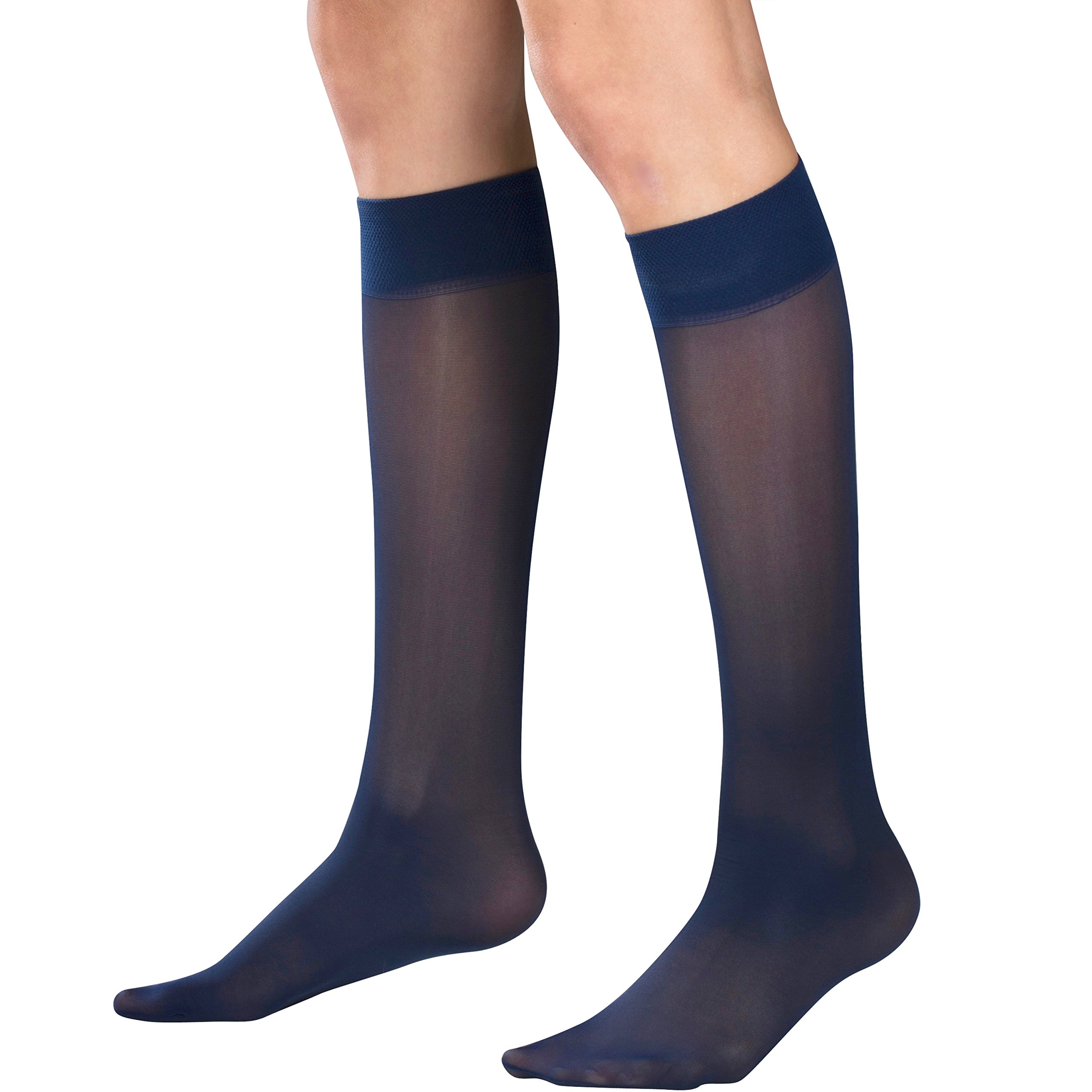 Truform Sheer Compression Stockings 8-15 mmHg for Women - Knee High Support Socks, 20 Denier Nylon, Navy Blue, Large Size - Perfect for Travel, Work & Varicose Vein Relief