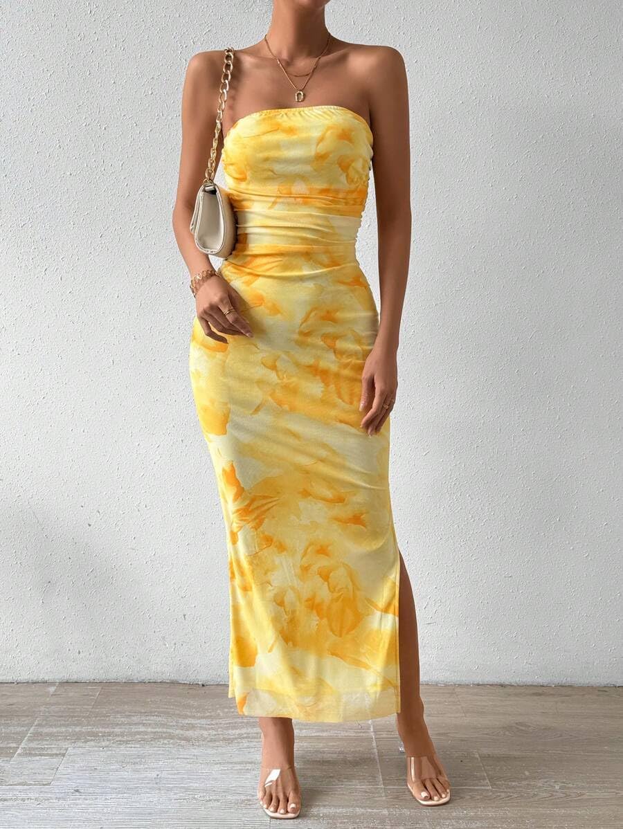 Women's Summer Floral Printed Strapless Tube Top Bodycon Maxi Dress with Side Slit & Mesh Layering - Perfect for Beach Vacations, Pool Parties and Date Nights