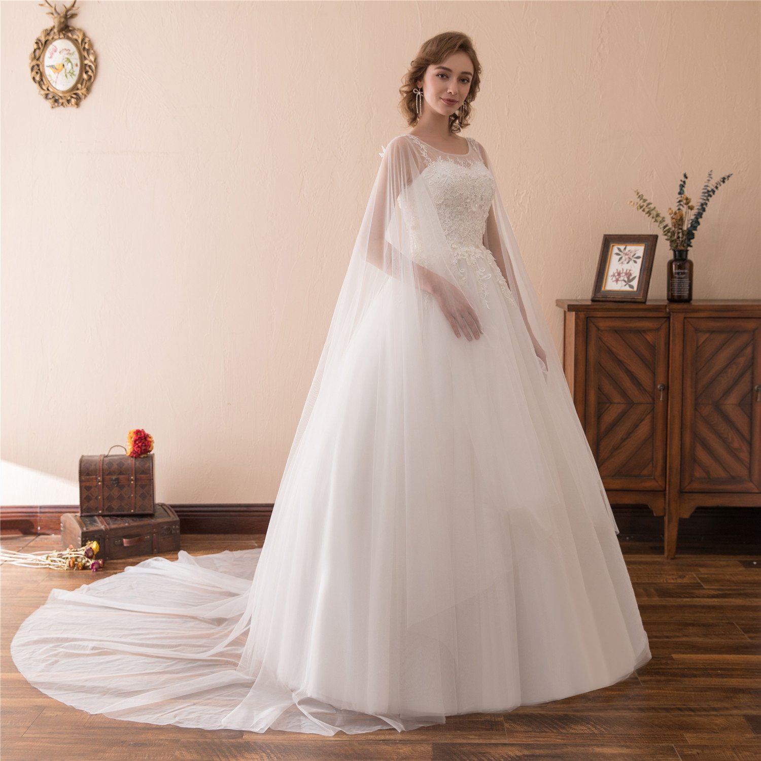 Elegant A-Line Lace Applique Tulle Wedding Dress with Detachable Shawl for Bride - Perfect for Church Ceremony, Beach Wedding & Romantic Photoshoot
