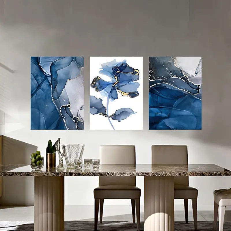 3-Piece Abstract Blue Flower & Waterfall Metal Wall Art - Ready to Hang Modern Home Decor for Living Room, Bedroom & Office