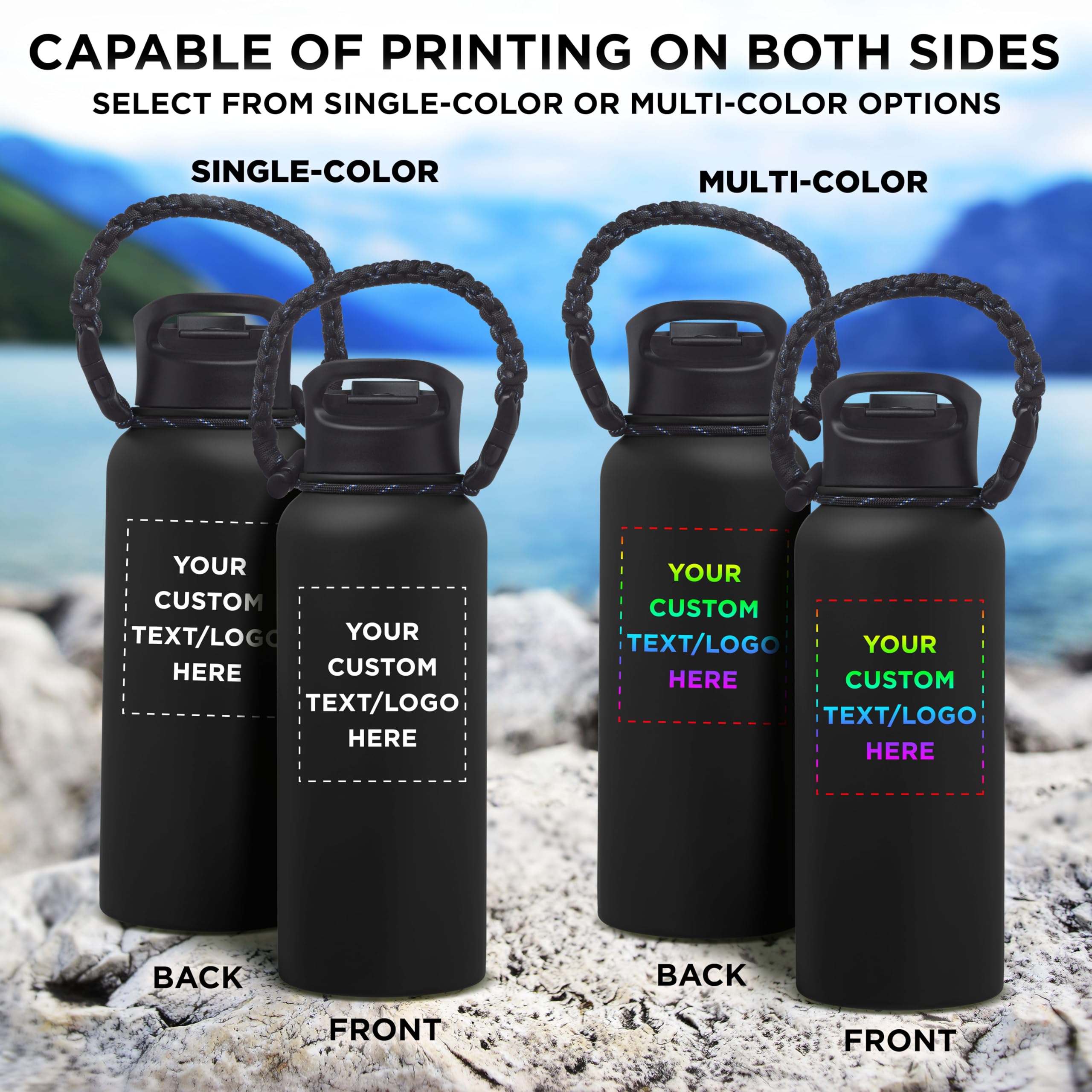 6 Pack Vulcan Stainless Steel Water Bottles 34oz with Strap - Double Wall Vacuum Insulated, Custom Text & Logo - Black - Perfect for Gym, Hiking, Camping & Outdoor Activities