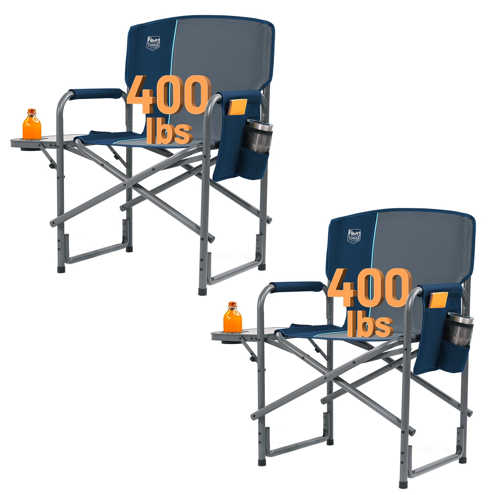 **TIMBER RIDGE Lightweight Oversized Camping Chair – Portable Aluminum Folding Directors Chair with Detachable Side Table & Pocket – Supports 400lbs – Blue (2 Pack) – Perfect for Outdoor Camping, Backyard, Beach, Picnic & Tailgating**