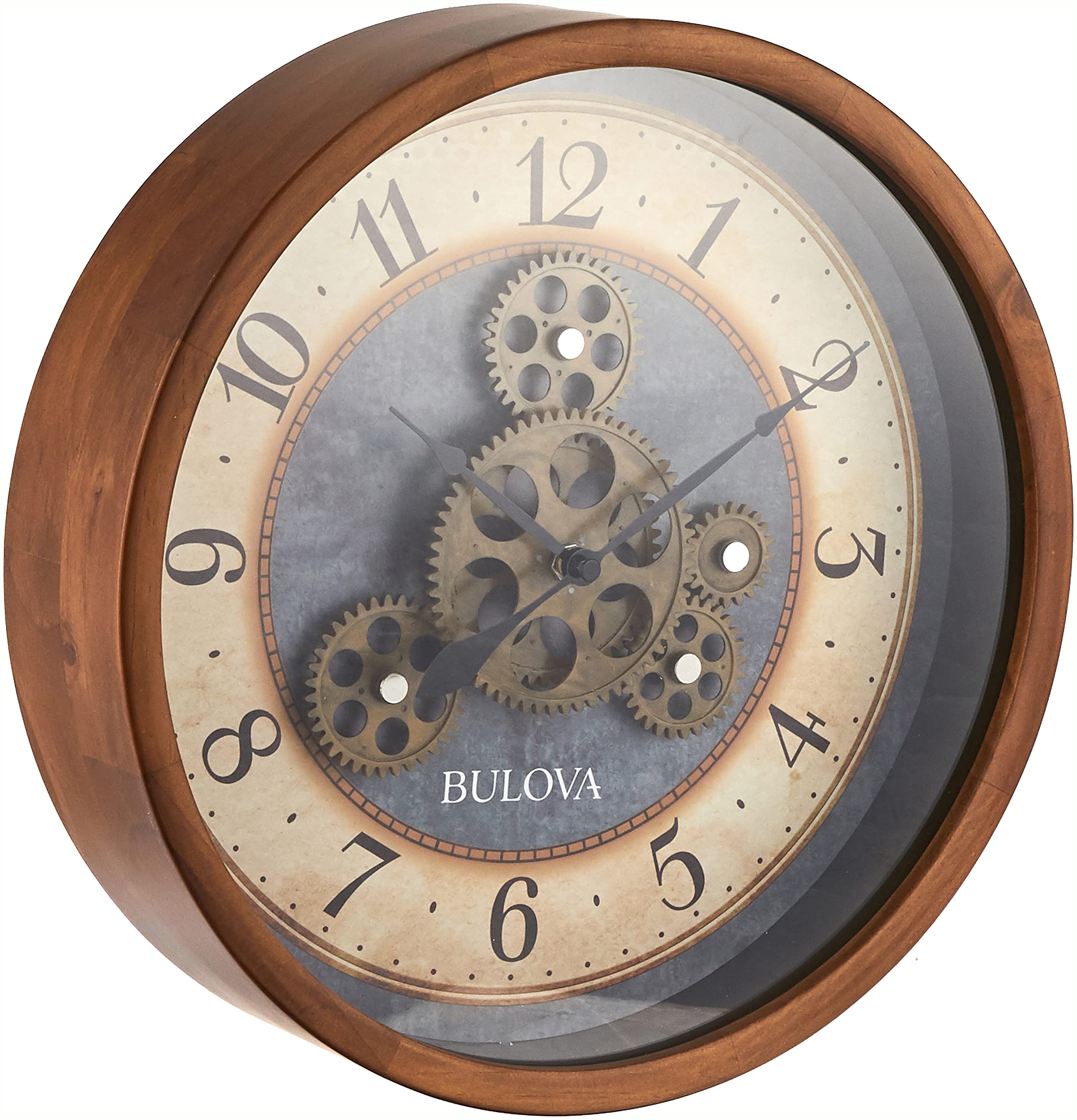 Bulova C4835 Gears in Motion Wall Clock - 12.8 Inch Brown Cherry Wooden Clock with Visible Mechanical Gears | Perfect for Living Room, Office, or Industrial Decor